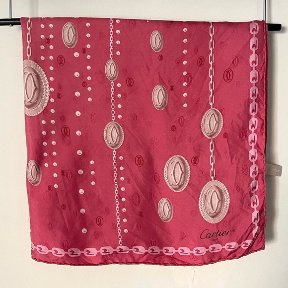 Vintage Cartier 26”x26” square pink silk scarf - Picture 2 of 6